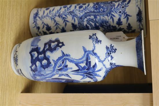 A Chinese 19th century blue and white cylindrical vase and a similar baluster vase, H 31cm (largest)